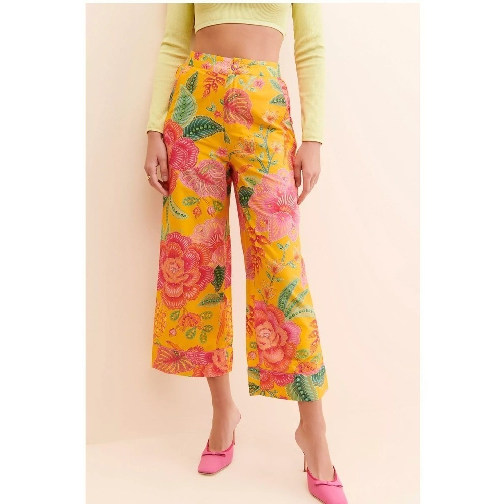 Farm Rio Tropical Floral Print Ruffle Hem Pants S Yellow Wide Leg Boho Bloom